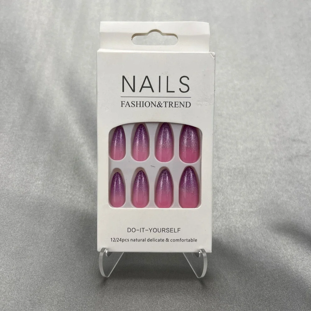Valentine's 24pcs Set Press On Nails‎ Pink Purple Ombre Glitter Almond Shape